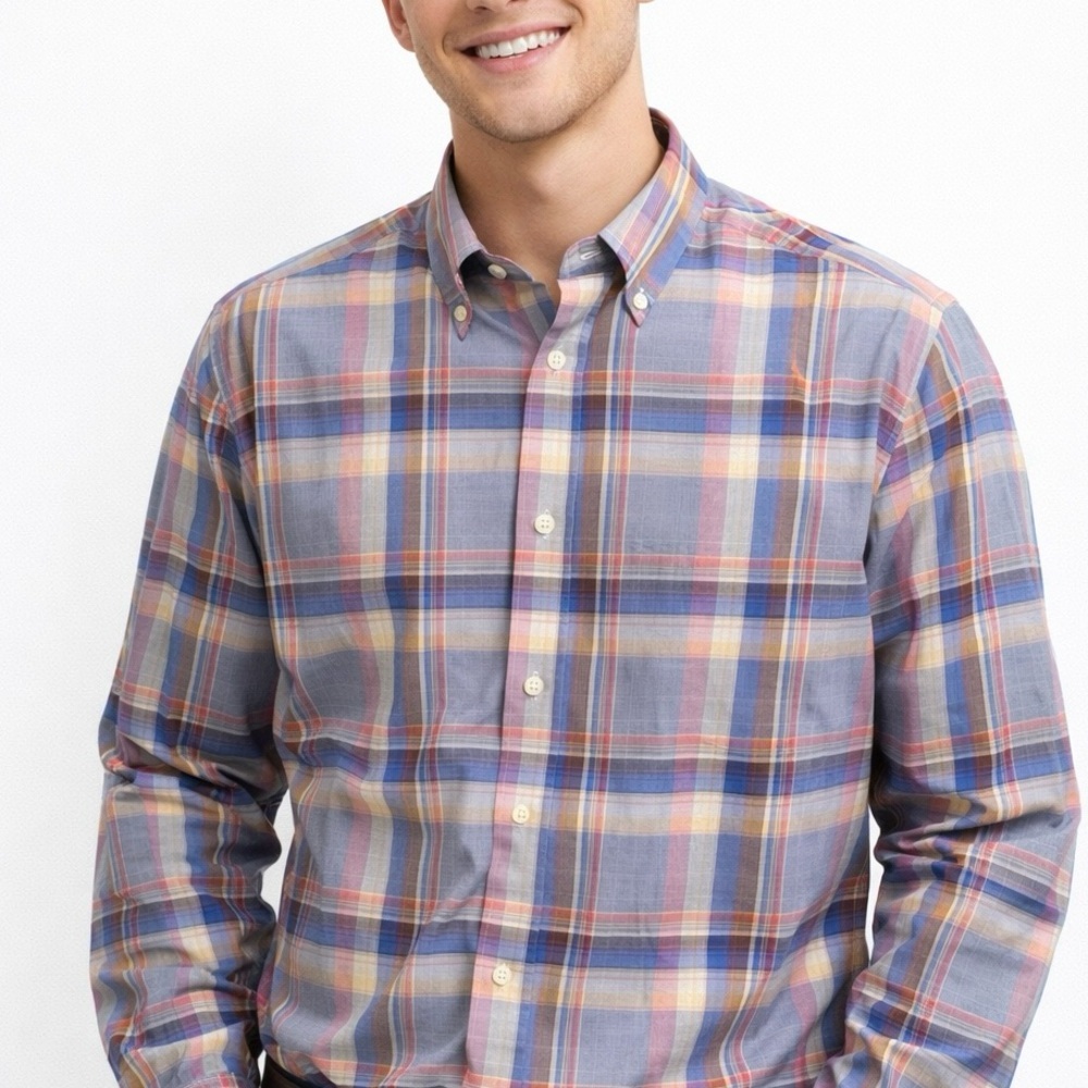Egara Big & Tall 2XLT Non-Iron Plaid Button-Down Shirt Blue Pink Cotton Stretch - Picture 2 of 6